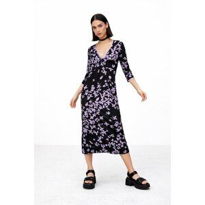 VINTAGE 90S black purple dress floral MEDIUM Y2K mall chic midi retro v neck